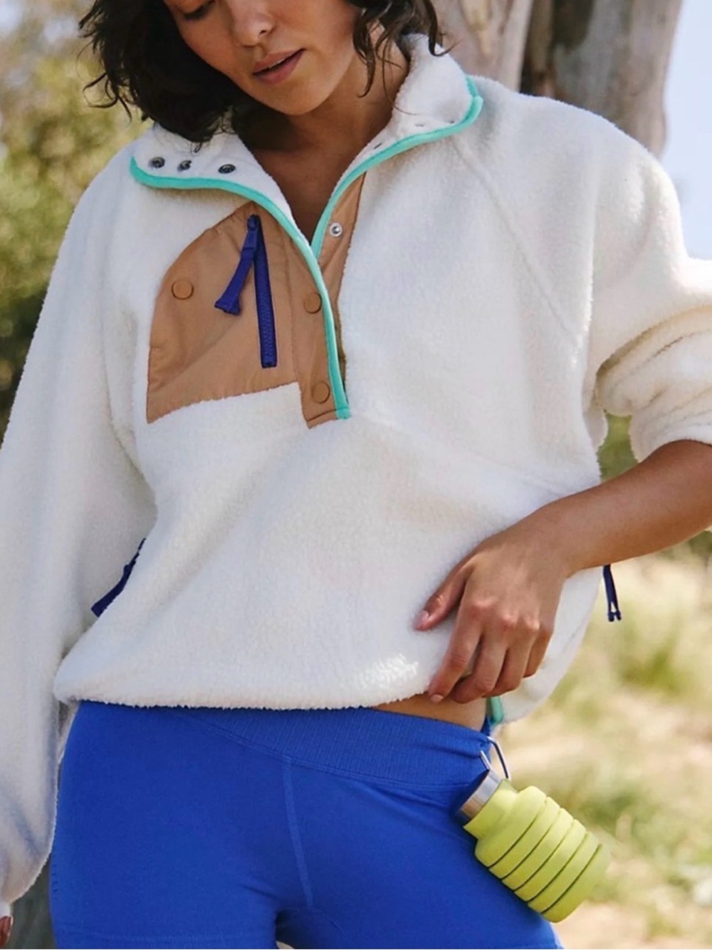 FP Movement by Free People Cream Sherpa Pullover with Tan Panel & Purple Accents
